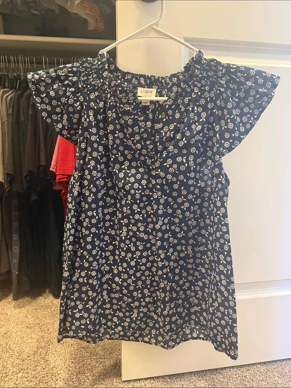 J. Crew Navy and White Floral Ruffle-Sleeve Blouse